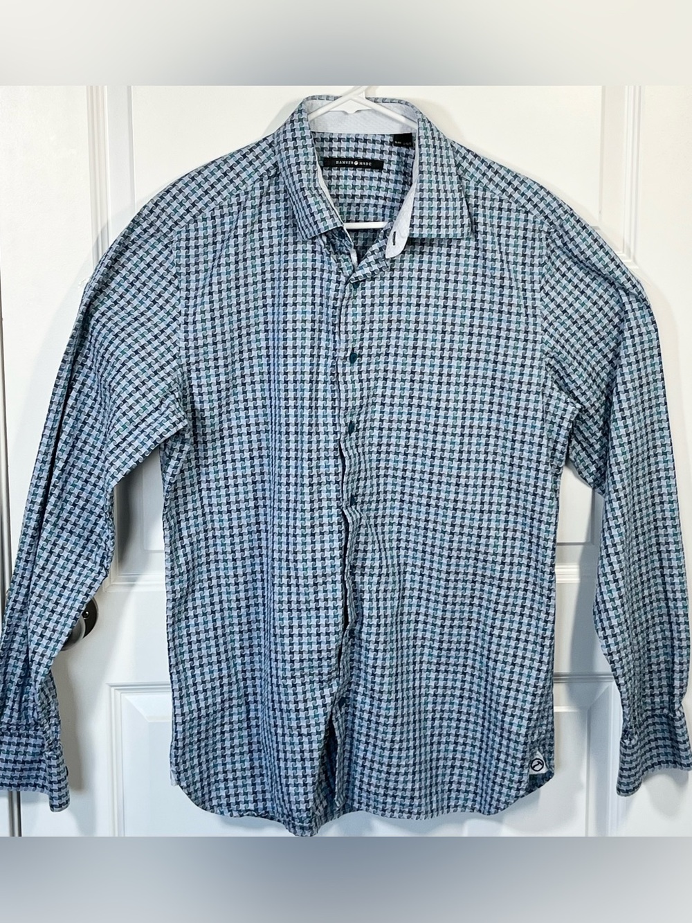 Hammer Made Limited Edition Slim 17 Blue Geometric Cotton Button Up Shirt L XL
